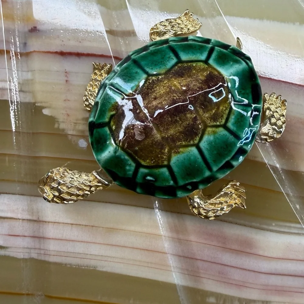 Ceramic Turtle Shell Brooch with Gold-Tone Legs